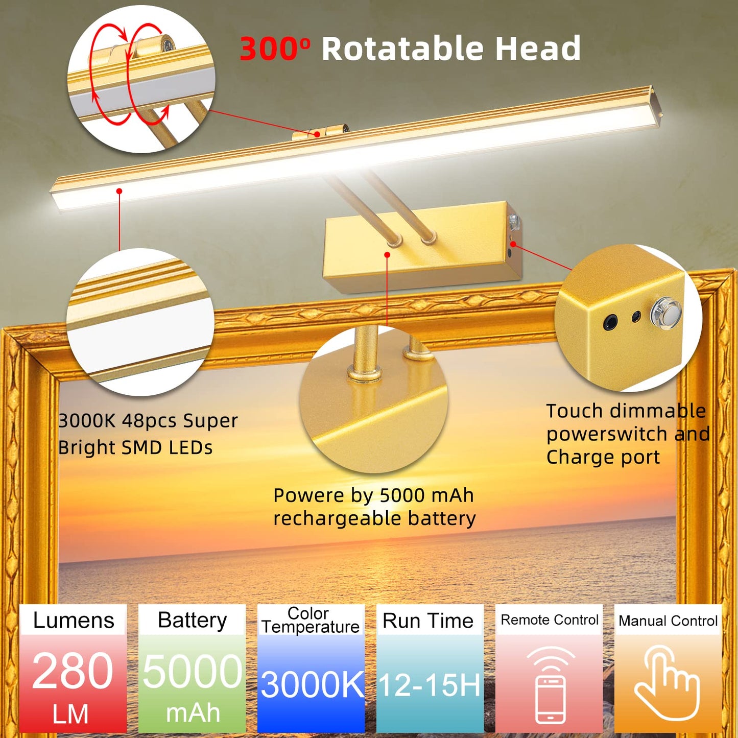 FUNCHDAY Picture Light, 5000mAh Battery Operated, Wireless Remote, Dimmable, 16in Gold, Aluminum, Model FC70155