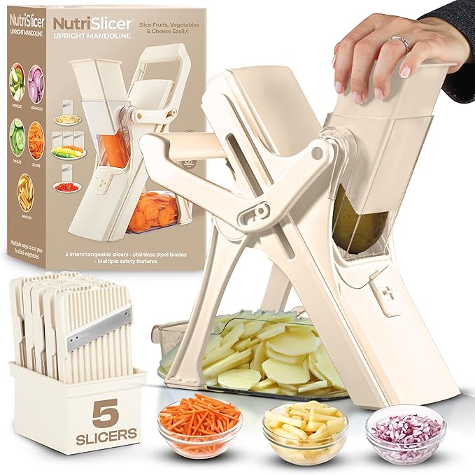 EMSON Safe Mandoline Slicer for Kitchen, All in 1 Mandoline Slicer for Food Works as Potato Slicer, Vegetable Slicer, Food Slicer, French Fry Cutter and More with 5 Blades and Storage Container