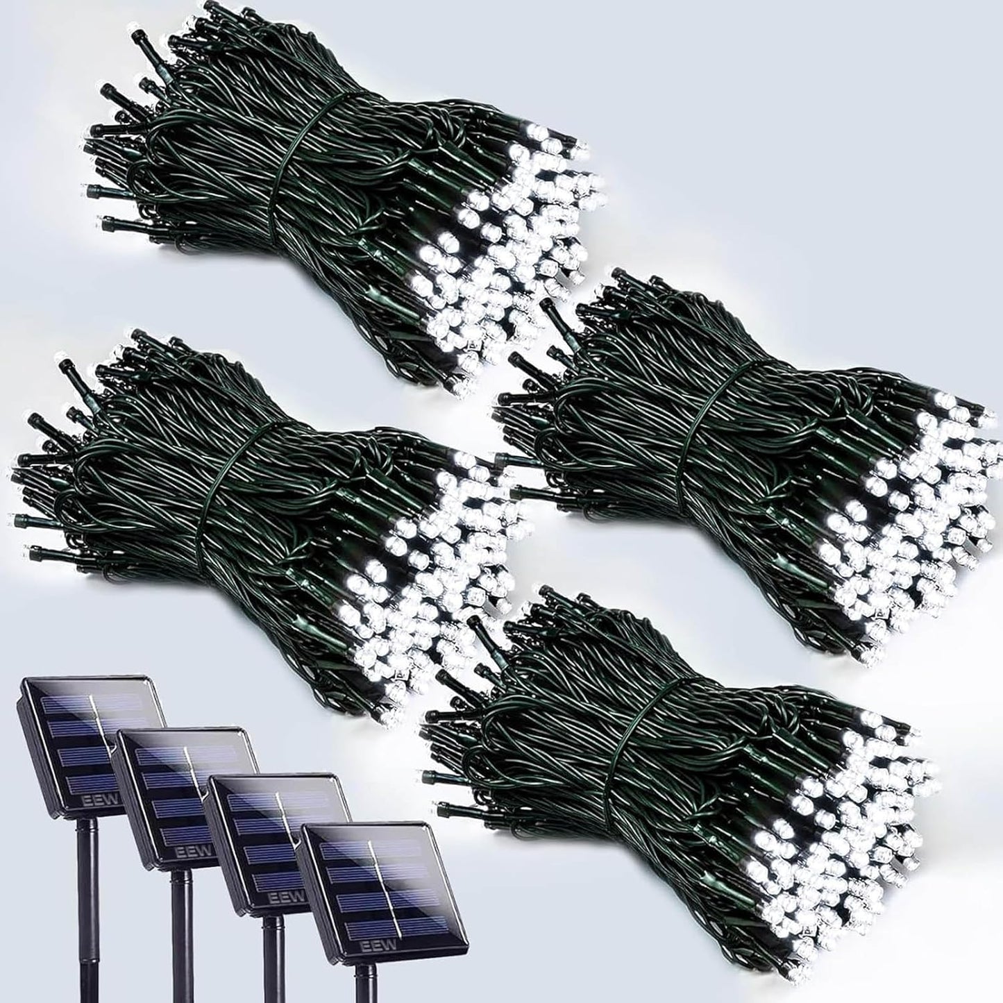 EEW 4 Pack 400 LED Solar String Lights, Cool White, Waterproof, 8 Lighting Modes, Model CAIYUAN-100 for Outdoor Xmas Decorations