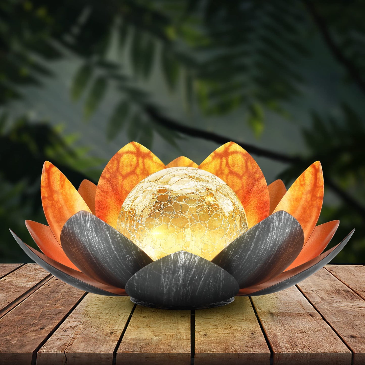 QZHP Outdoor Solar Lights,  le Glass Globe, Waterproof Metal Lotus, Copper, Model HP001
