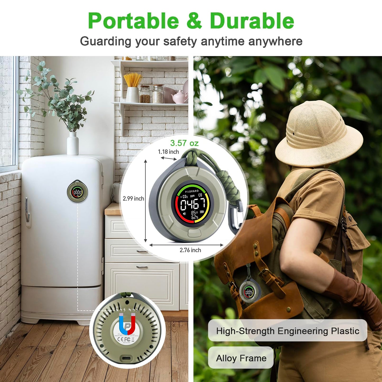 Pildegro 4-in-1 Portable Carbon Monoxide and Carbon Dioxide Detector, Upgraded Rechargeable Travel CO & CO2 Monitor 3-Day Standby, Premium Real-Time CO & CO2 Alarm for Air Safety & Quality (Grey)