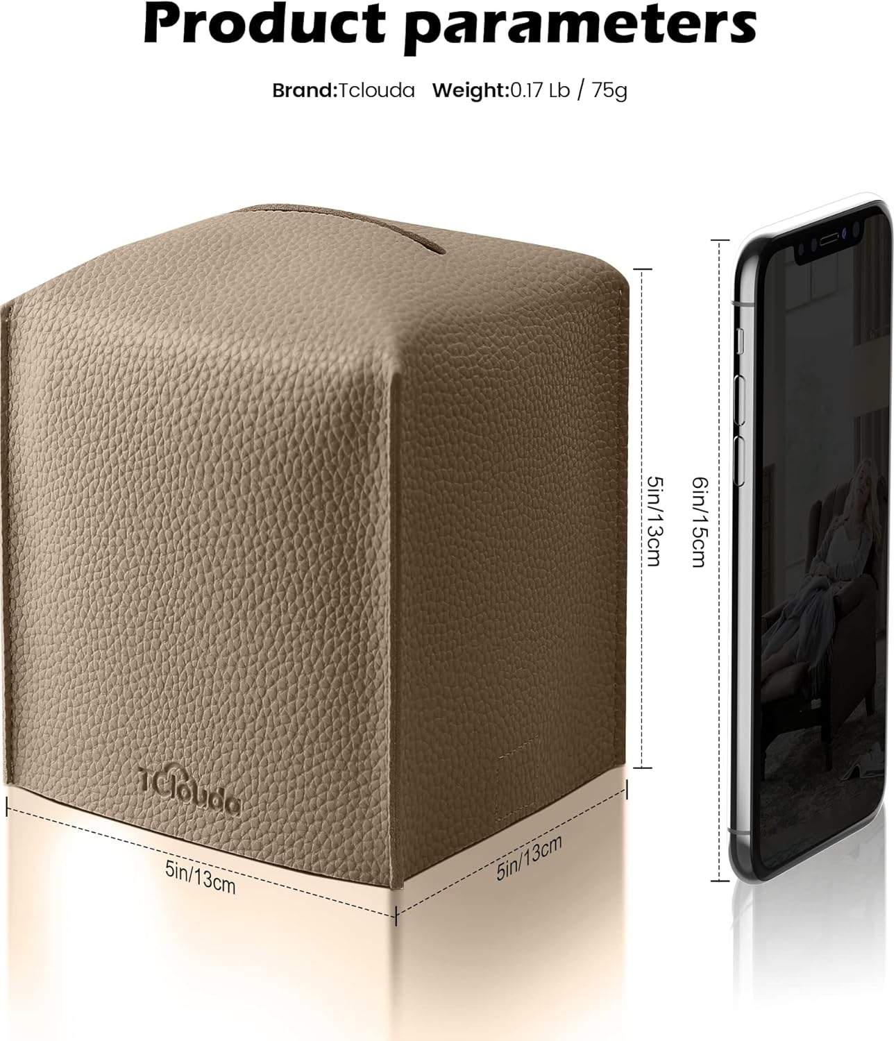Tissue Box Cover for PU Leather, Modern Simple Solid Color Holder Square Tissue Bag, Ideal for Bathrooms,Office,Car,Outdoor Tent,Dining Table,5"X5"X5", Single Cocoa Brown