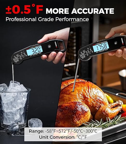 Professional Food & Meat Thermometer, 1 Sec Instant Read & ±0.5℉ Accuracy Driven by Thermocouple Sensor. IP67 Waterproof Digital Thermometer for Cooking, BBQ, Grill Gifts for Men Him Dad Birthday
