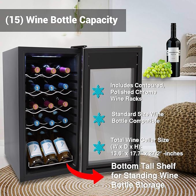 Nutrichef 15 Bottle Wine Fridge Red and White Wine Chiller Adjustable Temp Control 41°F to 64°F Ultra Quiet Operation Mini Wine Cooler Built for Home, Office, Kitchen Counter, 27x13x17 IN