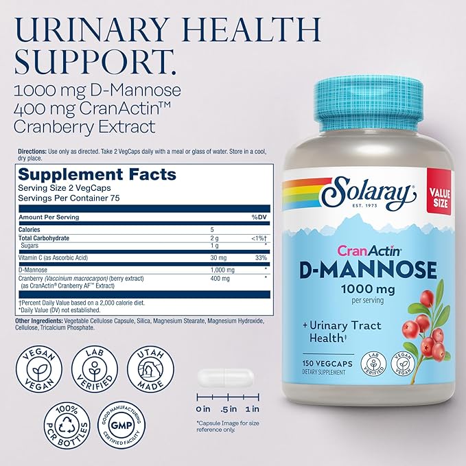 SOLARAY D-Mannose 1000mg with CranActin Cranberry Extract (150ct) and Vitamin C 1000mg with Bioflavonoids (250ct) - Urinary Tract, Bladder Health and Immune Support Bundle - Vegan, 60 Day Guarantee