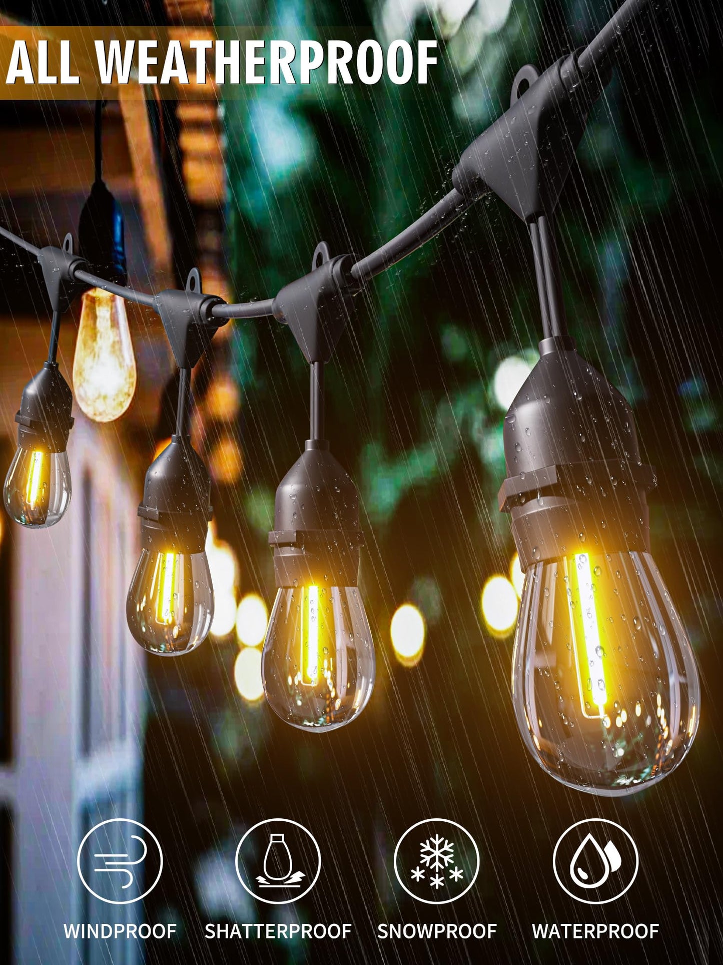 DAMAING LED Outdoor String Lights, 150FT Shatterproof, IP65 Waterproof, 2 Pack, Yellow, Model US075023-S14-2P