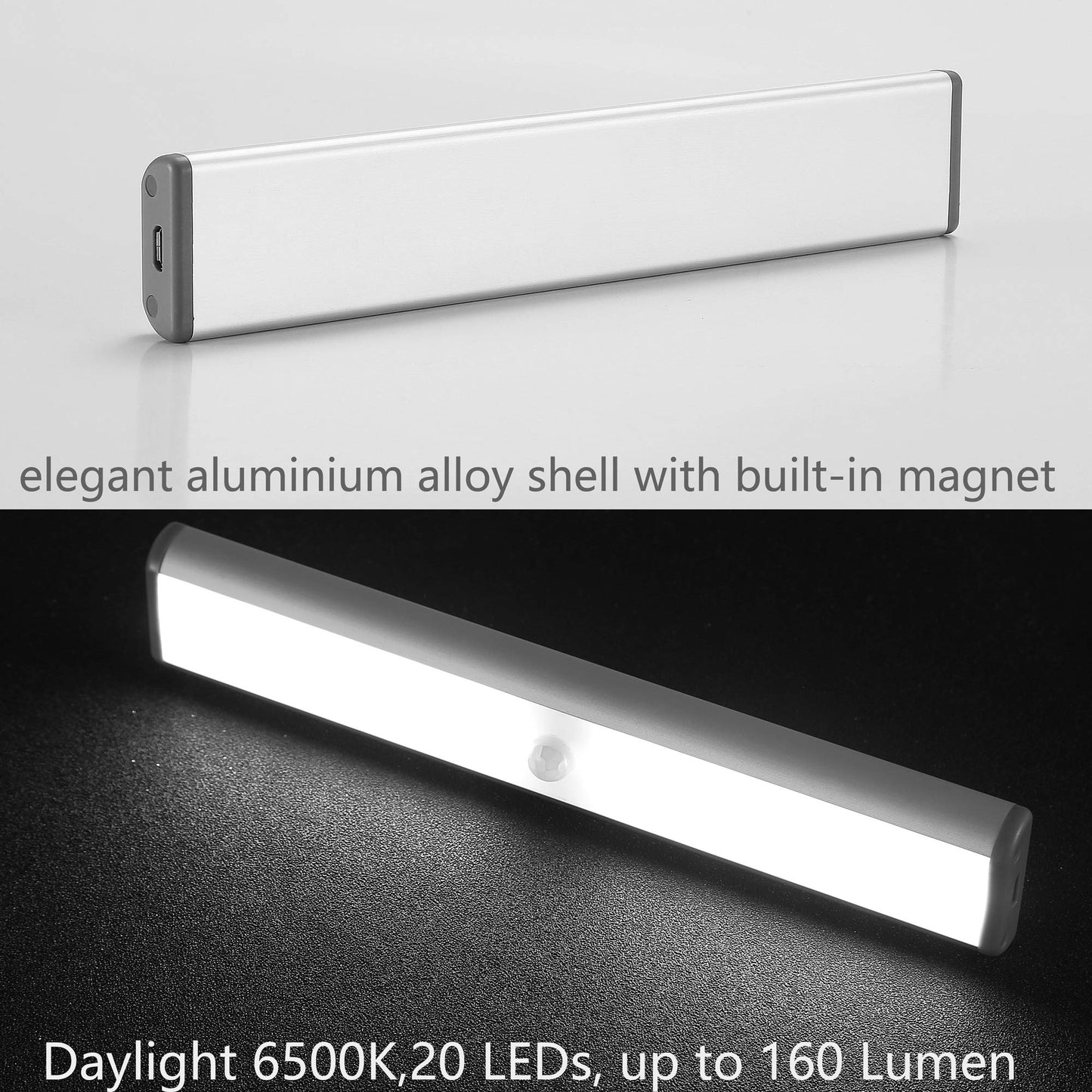 MOSTON Motion Sensor Closet Lights, 20 LED, Rechargeable, 7.5 x 1.4 x 0.5 inch, Silver, Model DL002B