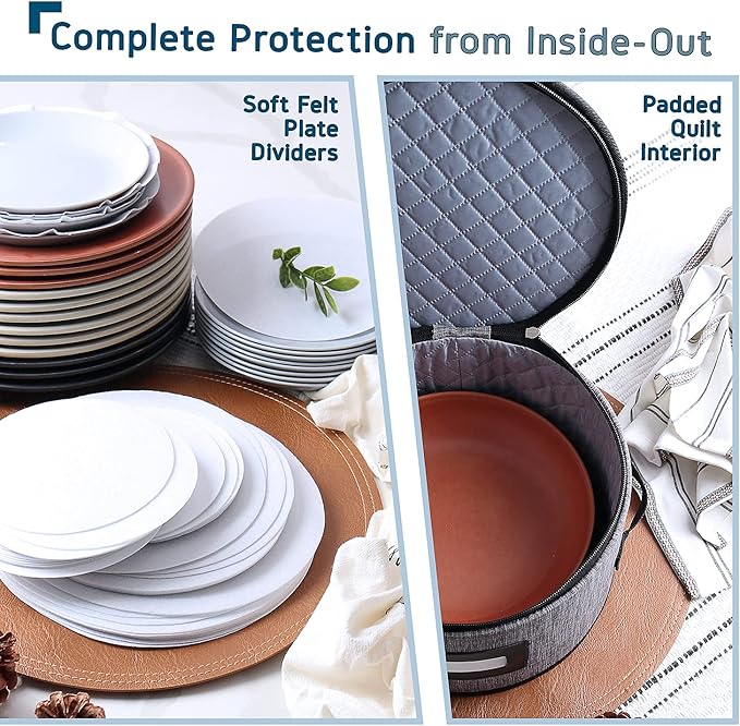 Fine China Storage Containers Hard Shell, 4 Piece Dish Storage Containers, Quilted Plate Containers, Stackable Dish Organizer with Dividers, Dinnerware Storage for Moving and Seasonal Storage, Grey