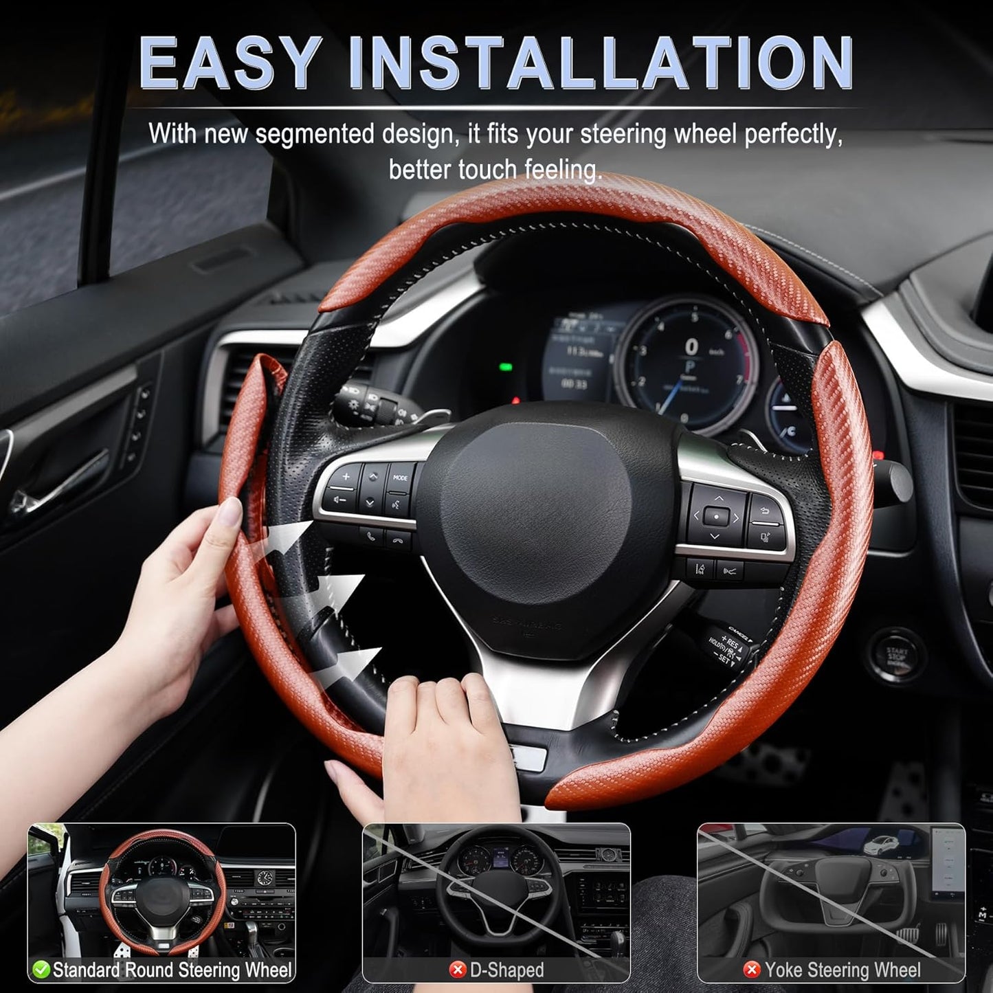 Amiss Carbon Fiber Steering Wheel Cover - 3pc Butterfly Segmented Protection, Champagne