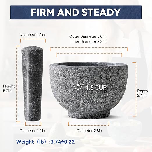 Koville African Natural Granite Mortar and Pestle Set, Grinder Bowl for Guacamole, Salsa, Pill Crusher, Spice, Herb, Garlic, Nut, Heavy Duty Grinder for Kitchen (Sandblasted Finish)