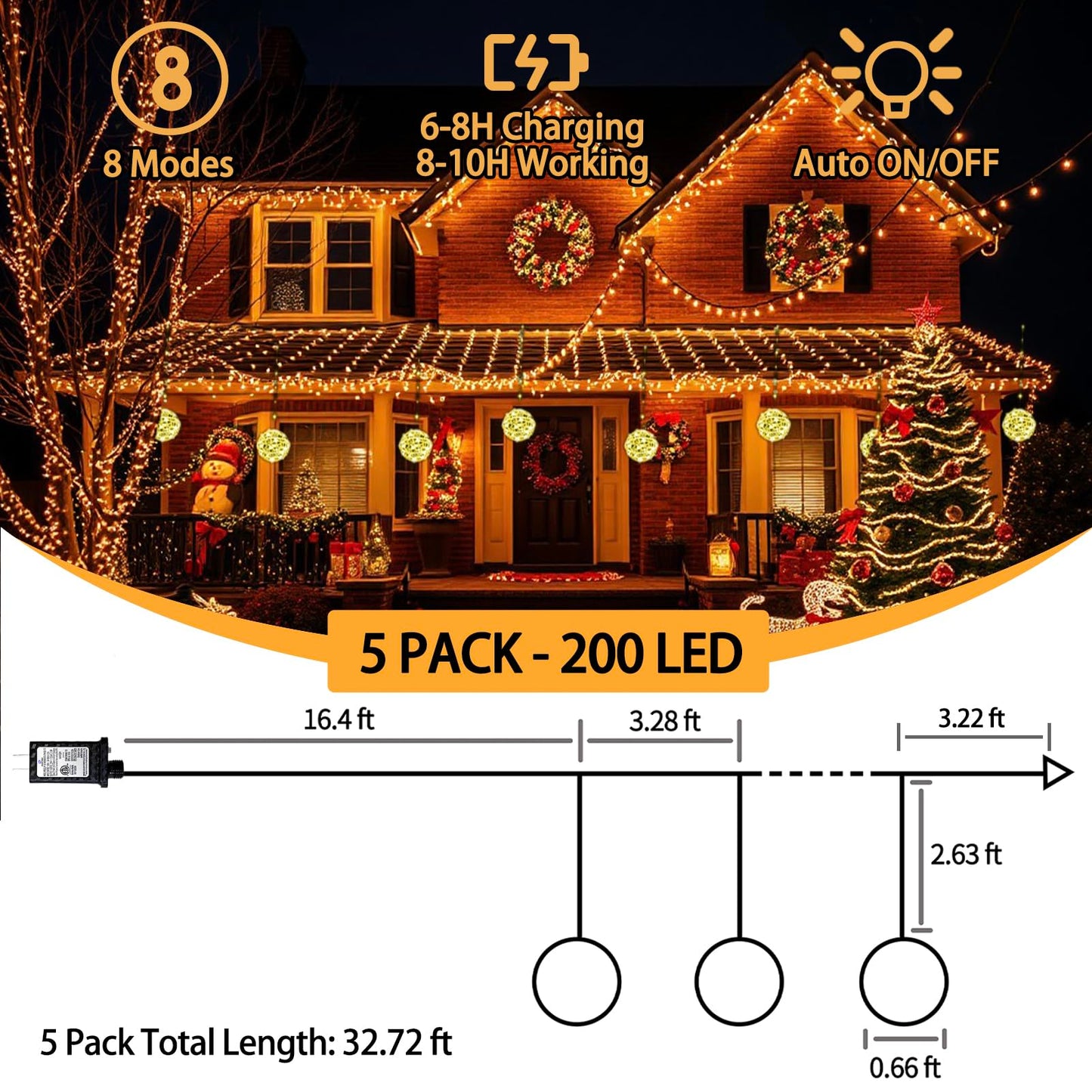 5 Pack 200Led Christmas Ball Lights For Tree Outdoor  8 Modes 7.87In Globe String Lights Waterproof  Sphere Fairy Lights Outside For Window House Garden Yard Porch Indoor Decorations  Warm White