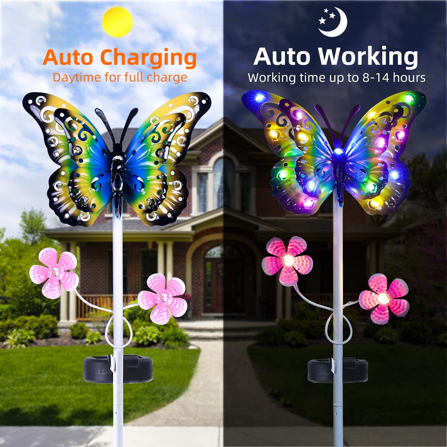 VGYVGYCC Solar Garden Lights 2 Pack - Metal Butterfly LED Stake Lights, Waterproof, Blue