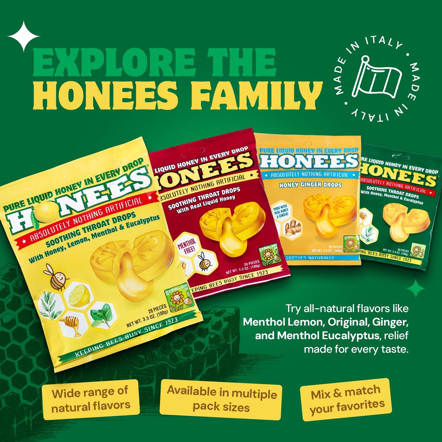 Honees Filled Honey Lemon Cough Drops- Filled with Honey, Menthol, Lemon and Eucalyptus - Nothing Artificial -Natural Sore Throat Lozenges- Non-GMO (6 Pack – 120 Drops)