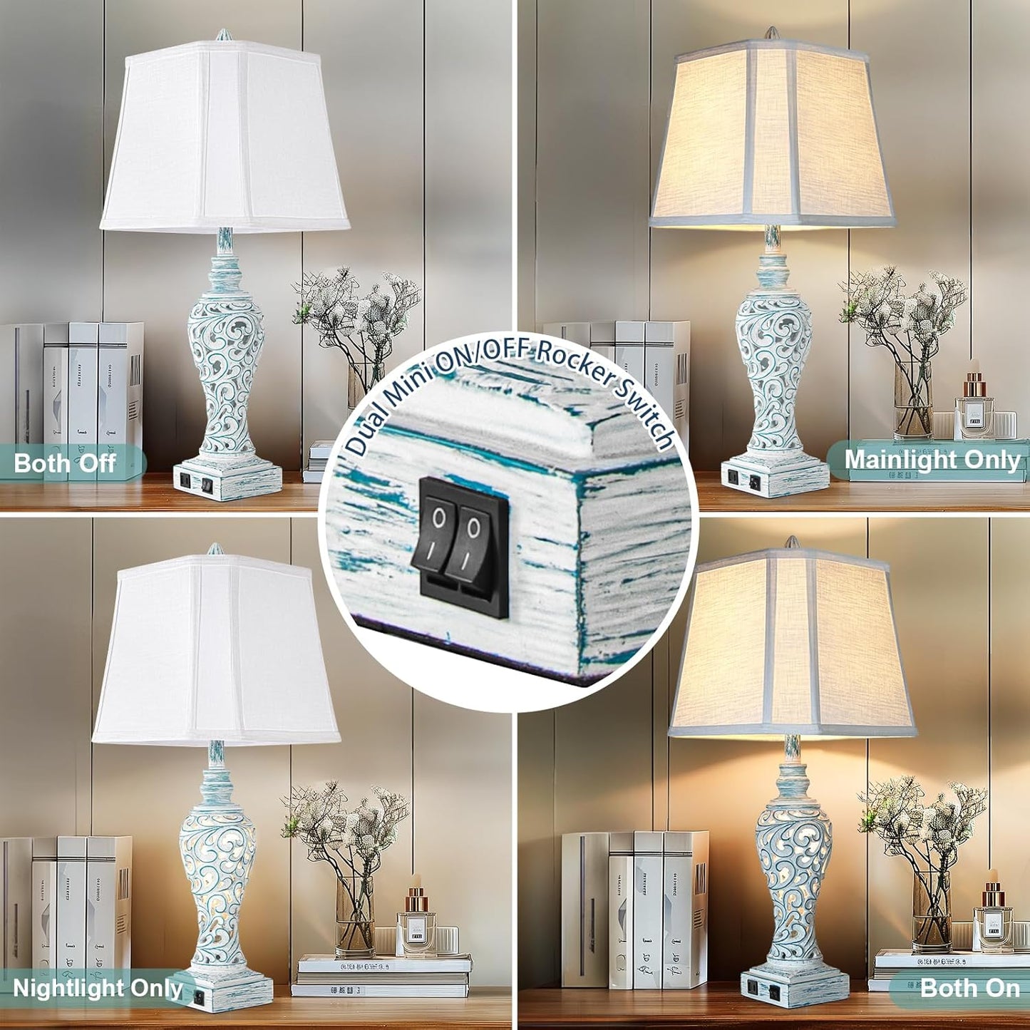 Table Lamp Bedside Lamps Set of 2, 28.5'' Luxsight Farmhouse Table Lamps for Bedroom, Lamps for Nightstands with Night Lights, with USB C+A Ports, Rustic Lamp for Living Room, Bulb Included