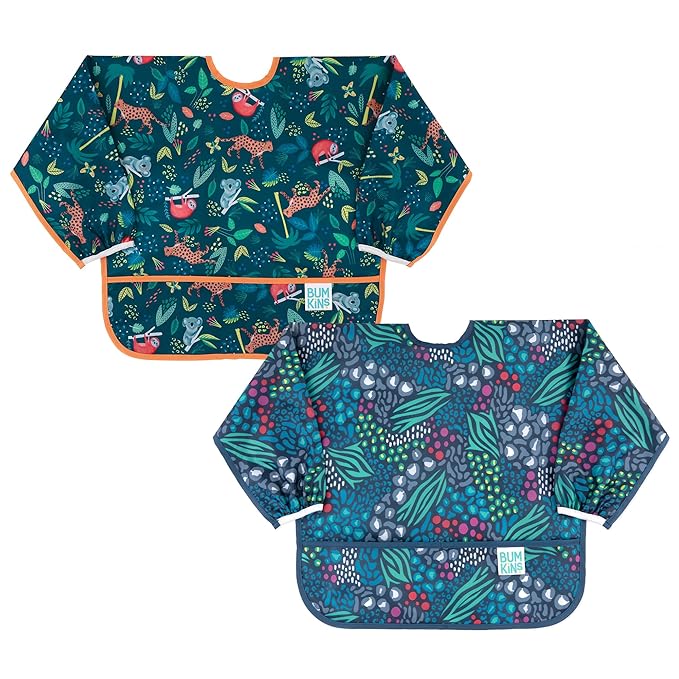 Bumkins Sleeved Bib, Waterproof Fabric, Jungle & Animal, 2-pack