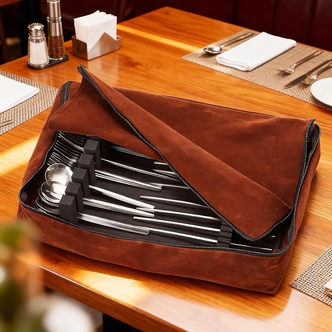 Zippered Flatware Storage Drawer Liner Silverware Storage Bag Tarnish Preventative Silver Organizer Cutlery Case Container Box Large Capacity Silverware Chest 15.75" x 11.02" x 3.94" (Brown)