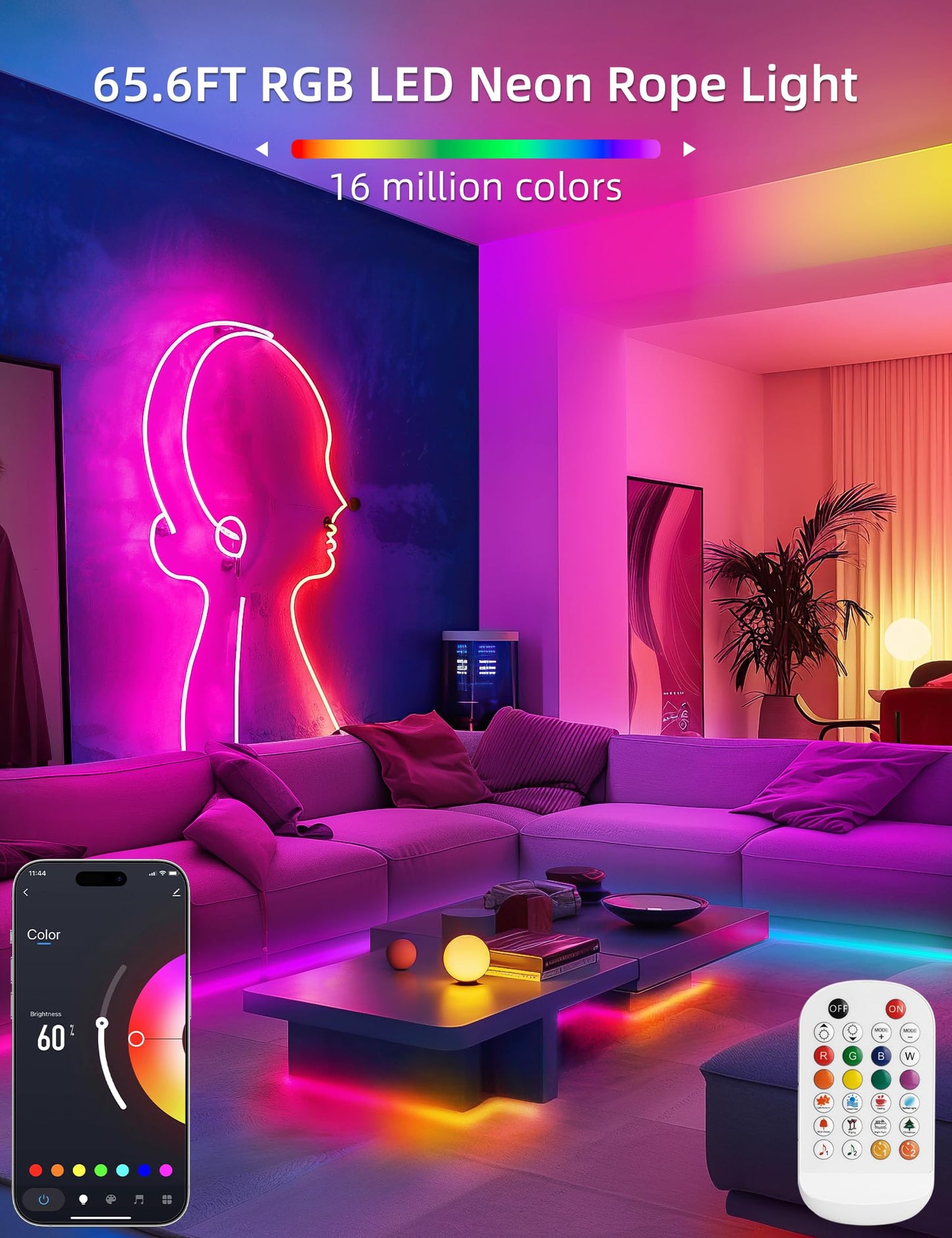 Lamomo LED Strip Lights 65.6Ft RGB Neon Rope Light, Waterproof, App Remote Control, Music Sync, Cuttable