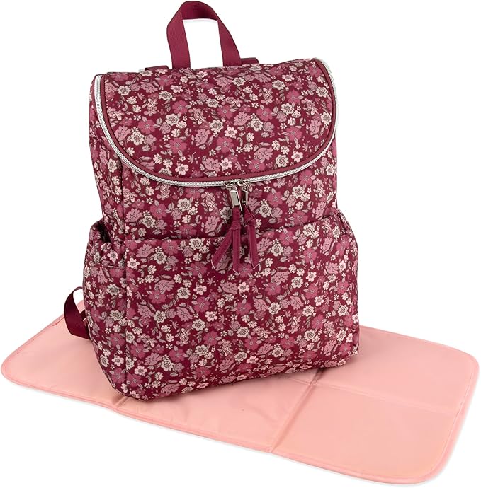 Multi-Function Floral Diaper Backpack and Travel Nappy Baby Bag with Changing Pad and Stroller Straps