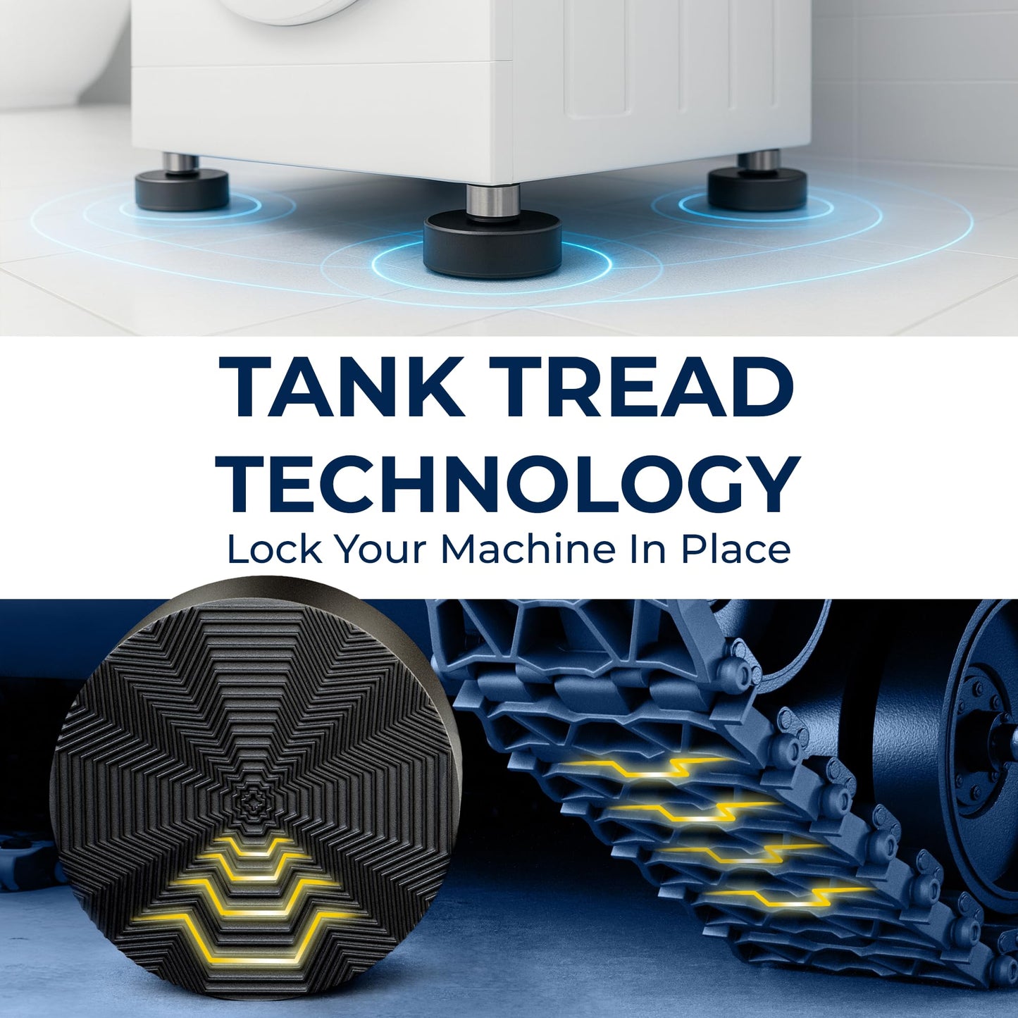 Anti Vibration Pads for Washing Machine with Tank Tread Grip | 4 Pack + Level | Fits Most Round Feet up to 1.75” | Stops Washer Dryer from Moving | Rubber Antivibration Stabilizer for Leveling Washer