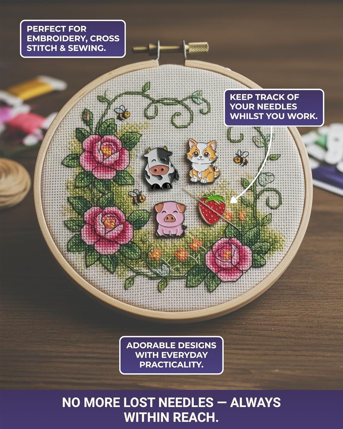 The Quilted Bear Needle Minder - Needle Minder Magnet for Keeping Sewing & Embroidery Needles, Cross Stitch Needles Safe - Stress Free Stitching Cross Stitch Supplies & Embroidery Supplies (Rose)