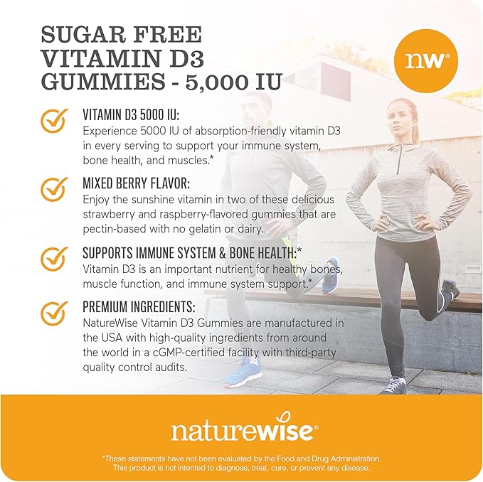 NatureWise Vitamin D3 5000 IU Gummies - Sugar-Free Mixed Berry Flavor - Vitamin D Gummies for Adults, Supports Immunity, Muscle & Bone Strength -Gelatin-Free, Non-GMO - 90 Gummies[45-Day Supply]