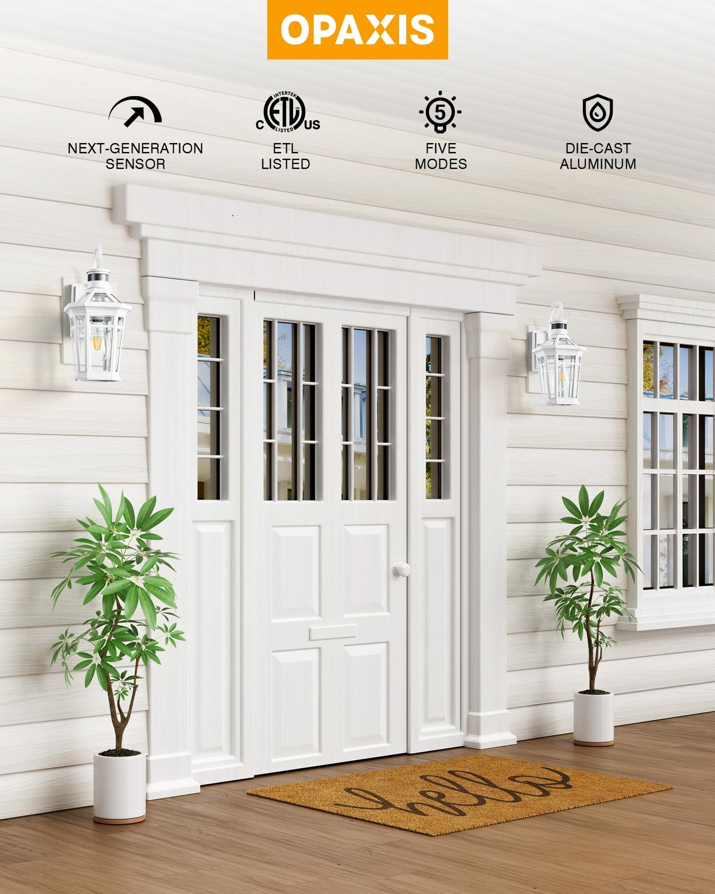 Opaxis Motion Sensor Outdoor Wall Lantern  White Outdoor Lighting Fixtures Wall Mount  Dusk To Dawn Exterior Sconce Lights With Beveled Glass  Waterproof Exterior Front Porch Lights For Garage  Coach