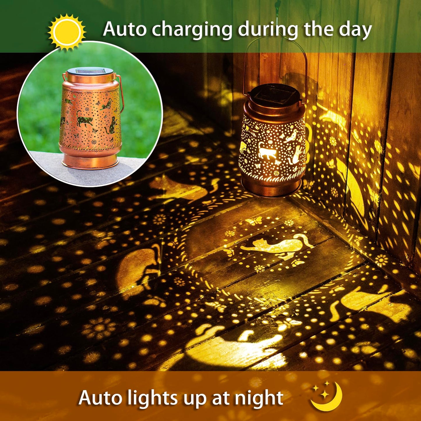 EZTZEN 2 Pack Cat Solar Lanterns, Waterproof Metal Decorative Lights for Garden, Brown, Model HW-DL-026-2pack