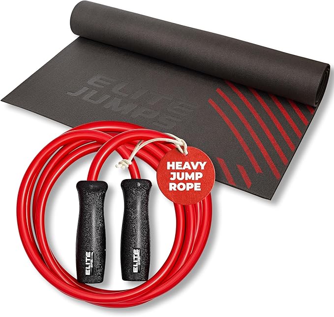Elite Jumps Muay Thai + Mat Bundle | 1.2lb Weighted Jump Rope + Non-Slip Jump Rope Mat | Heavy Rope Training Set for Muay ...