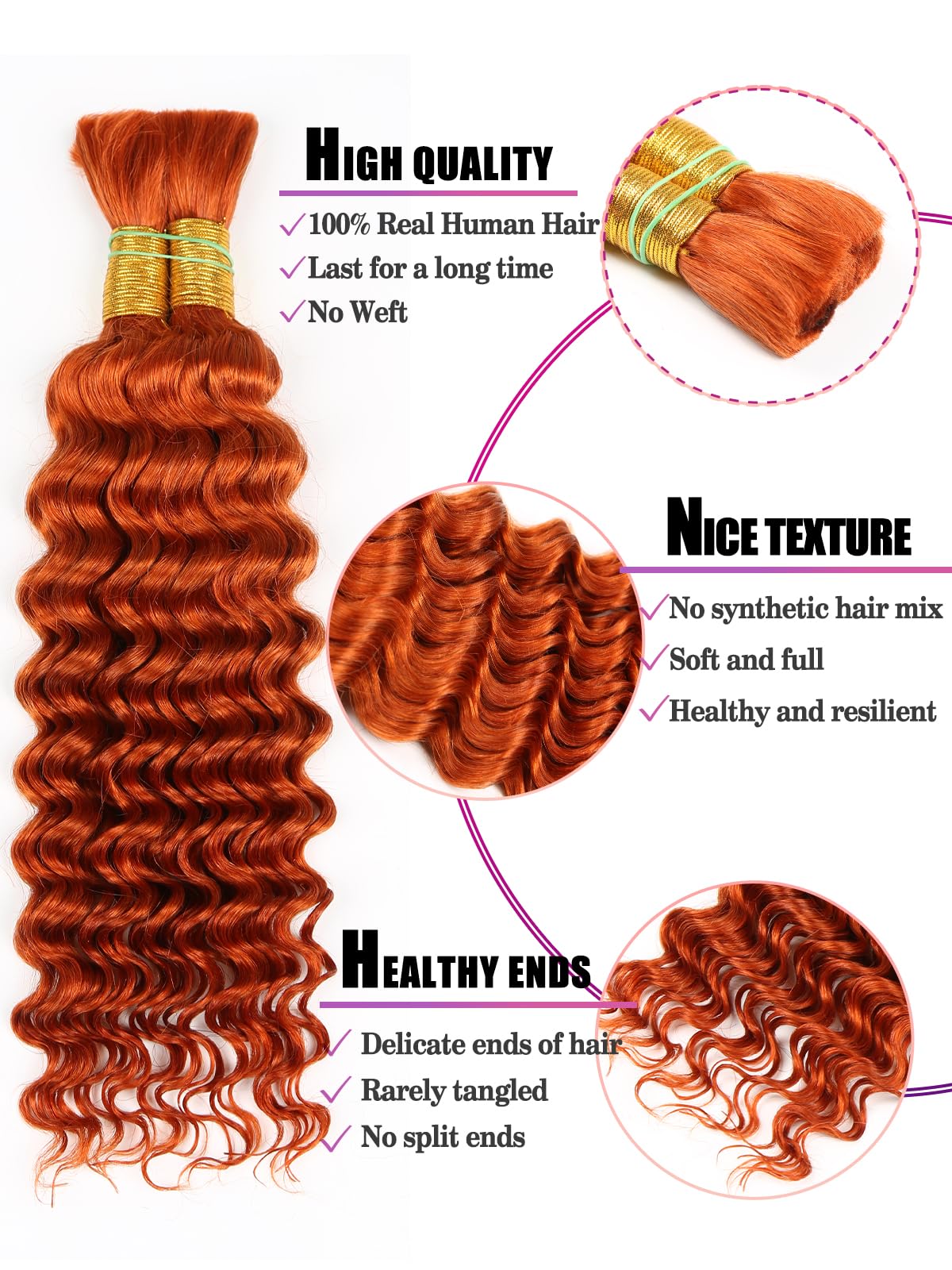 Human Braiding Hair Deep Wave Bulk, Ginger Orange Color No Weft Curly Braiding Hair Extensions for Boho Braids Wet and Wavy Brai
