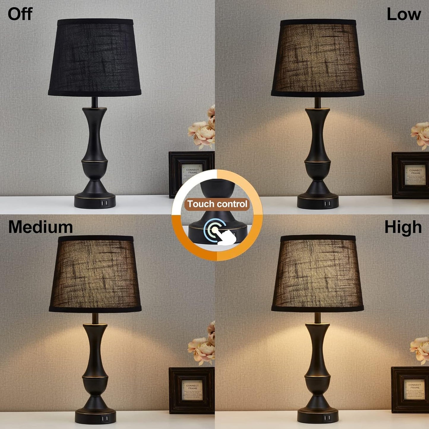 Luvkczc Black Touch Table Lamps Set of 2, 22" Tall Bedside Lamps with USB C+A Charging Ports, Nightstand Lamps for for Bedroom, Living Room, Office, with Black Lampshade, LED Bulb Included