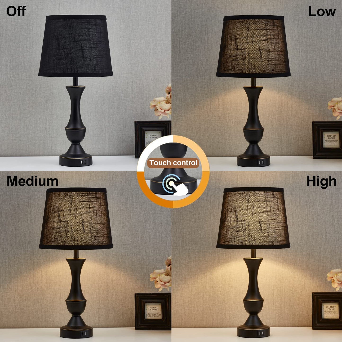 Luvkczc Black Touch Table Lamps Set Of 2, 22 Tall, Usb Charging Ports, Metal, Led Bulb Included