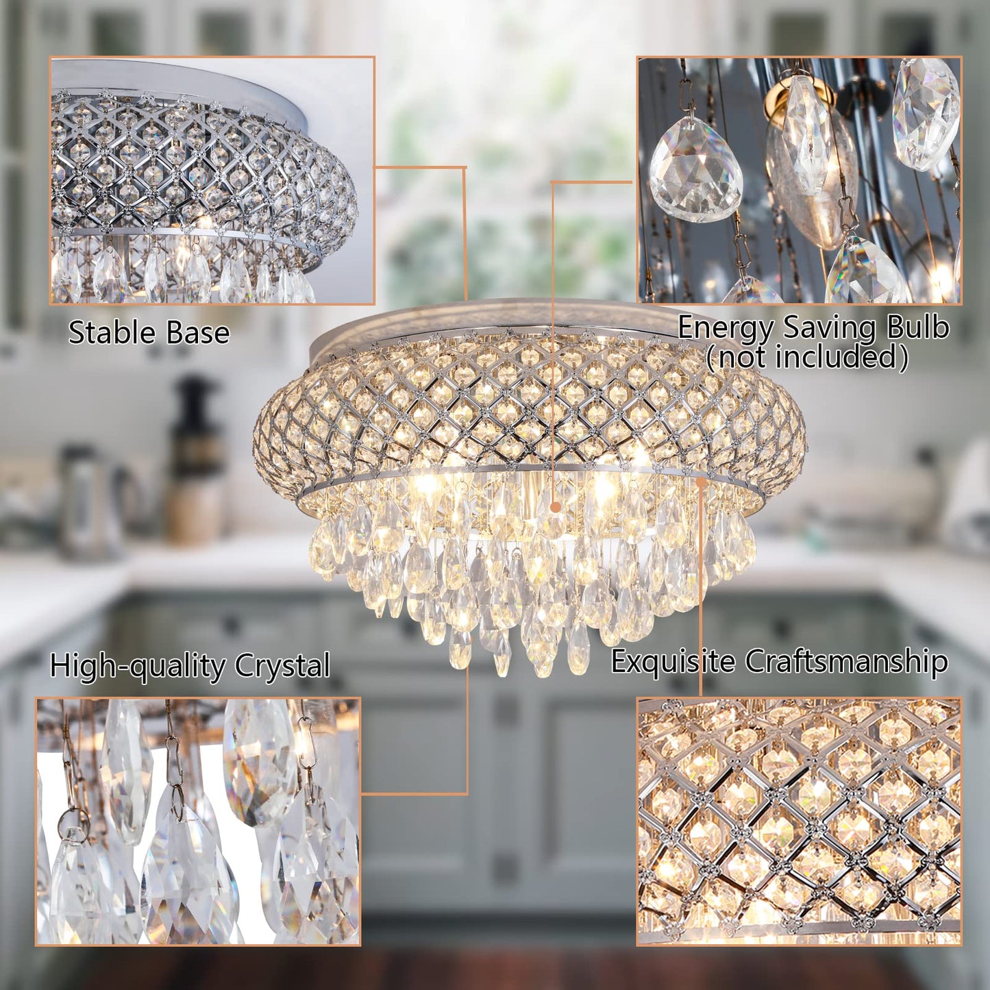 Maxax stylish Modern Flush Mount Ceiling Light, 5-Light, Large Chrome Crystal Fixture For Living Room, Bedroom, Dining Room, Kitchen