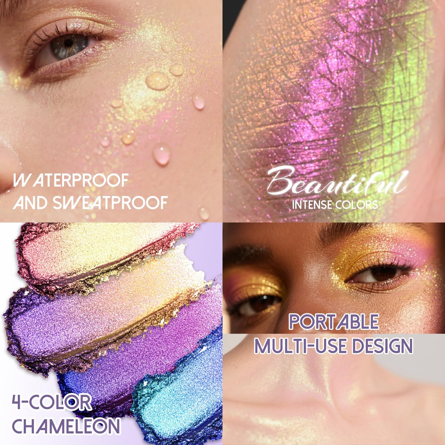 CHARMACY 4 Colors Chameleon Eyeshadow & Highlighter Palette - Shift-Infused Multichrome Pressed Pigments, Long-Lasting Velvet Fi
