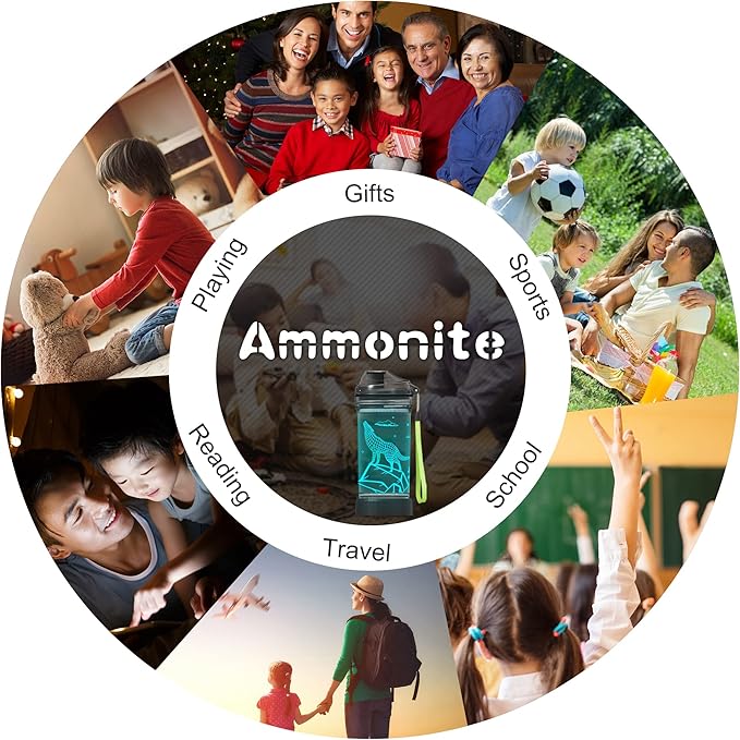 Ammonite Wolf Kids Water Bottle with 3D Glowing LED Light - 14 OZ Tritan BPA Free - Creative Ideal Travel Cup Gift for School Kid Boy Child Holiday Camping Picnic