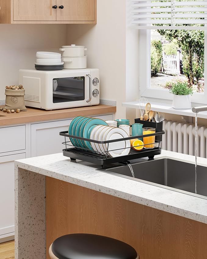 Stainless Steel Dish Drying Rack for Kitchen Counter, Sink Organization and Storage Essentials with Silverware & Utensil Holder, Home and Apartment Decor, 12''W x 15.5''L, Black