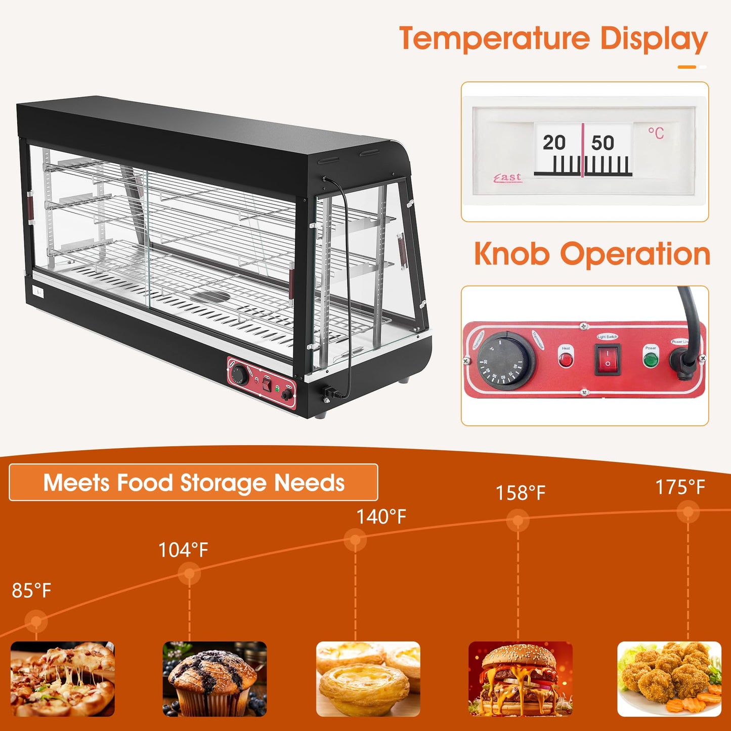 Countertop Food Warmer 48" inch,3-Tier Commercial Warmers for Food Display, Glass case, with LED Lighting Removable Shelves Pastry for Buffet Restaurant
