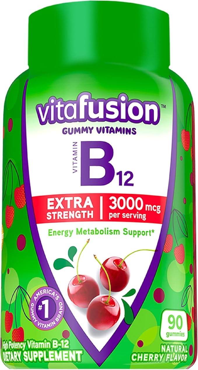 Viactiv Calcium +Vitamin D3 Supplement Soft Chews, Milk Chocolate, 60 Chews & Vitafusion Extra Strength Vitamin B12 Gummy Vitamins for Energy Metabolism Support