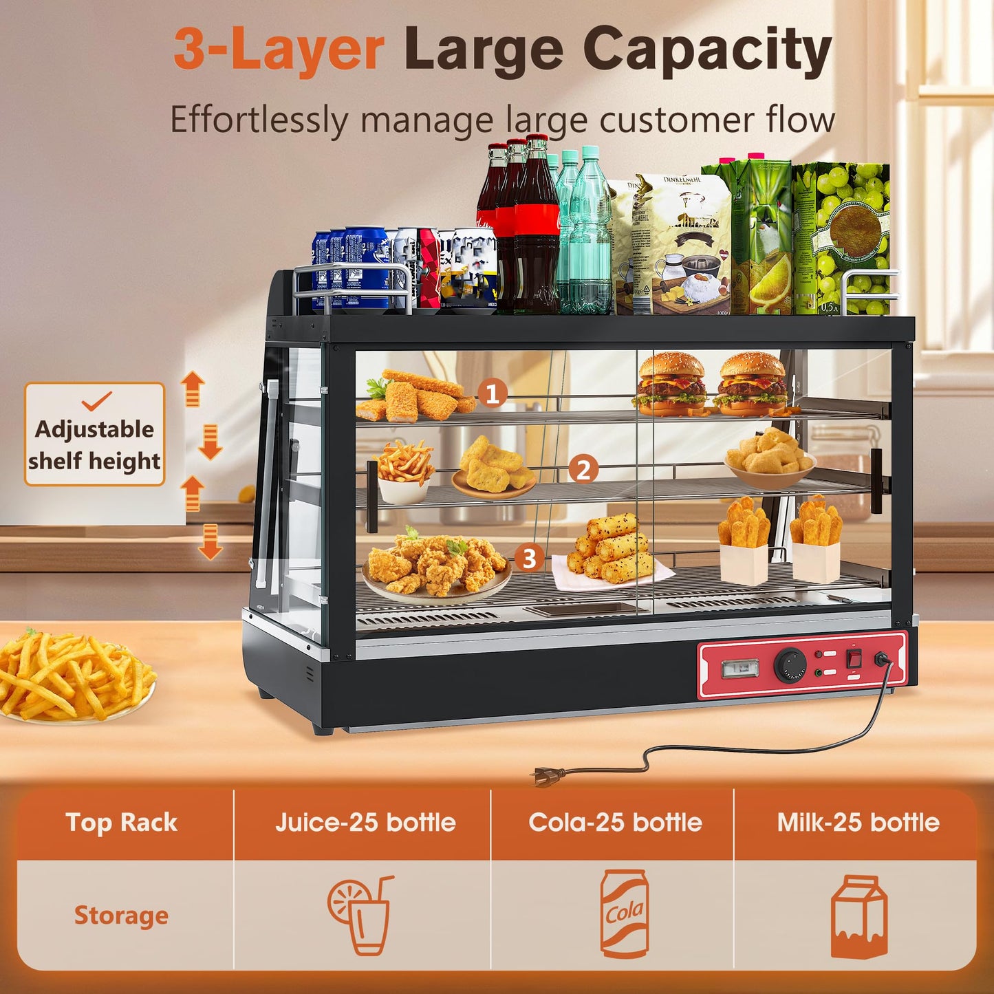 35inch 3-Tier Commercial Food Warmer with Top Rack for Milk Juice, Countertop Heat Holding Cabinet Display Case for Pizza/Pretzel, Three Color Lighting, w/Thermometer for Cafeteria Kitchen Restaurant