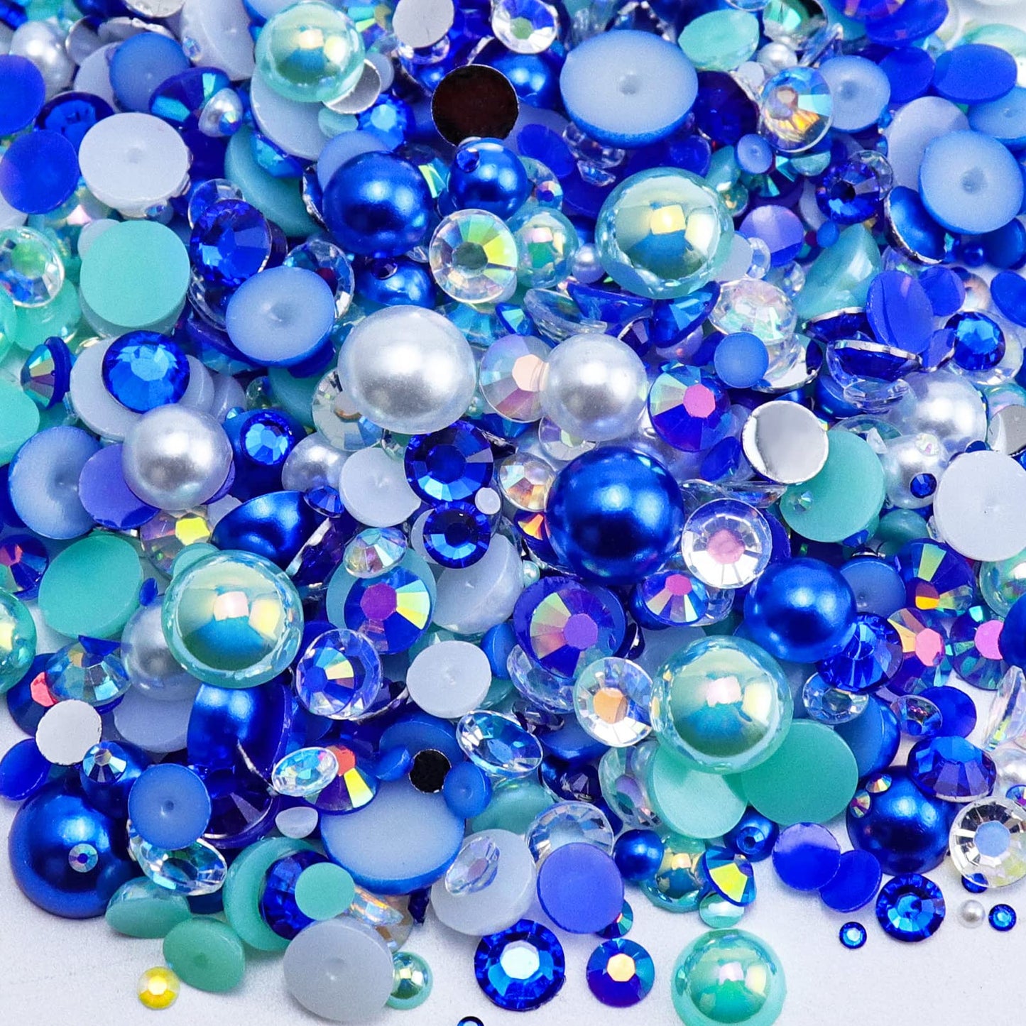 Briskbloom 60g Mix Flatback Pearls and Rhinestones for Crafts, 2mm-10mm Blue Green White for Nail Face Art Tumblers, Jelly Rhine