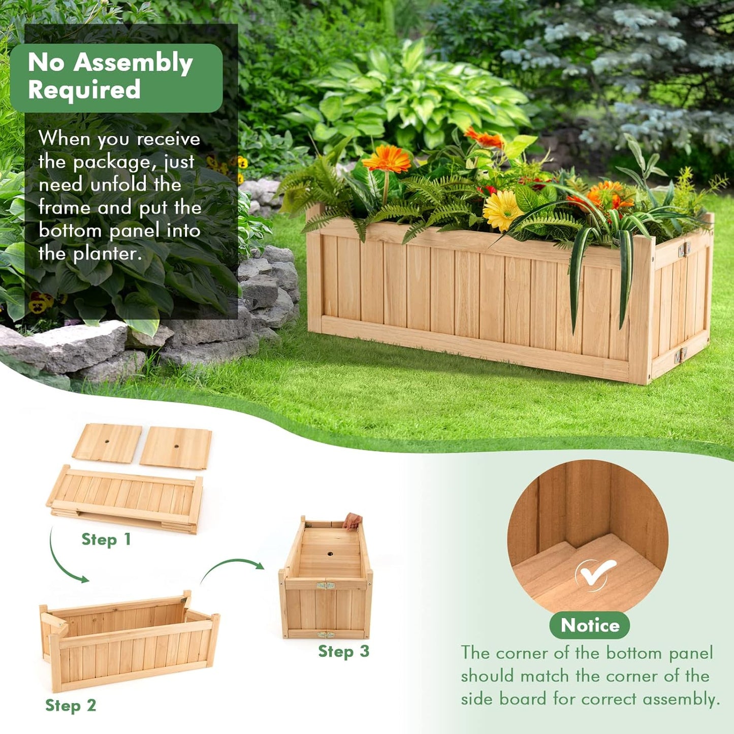 GRAFFY Raised Garden Bed, Folding Wood Planter Box w/Removable Bottom & Drainage, Elevated Planter for Flower Herb Vegetable Fruit, Plant Container for Grass Lawn Patio Backyard (27.5"D x 12"W x 10"H)