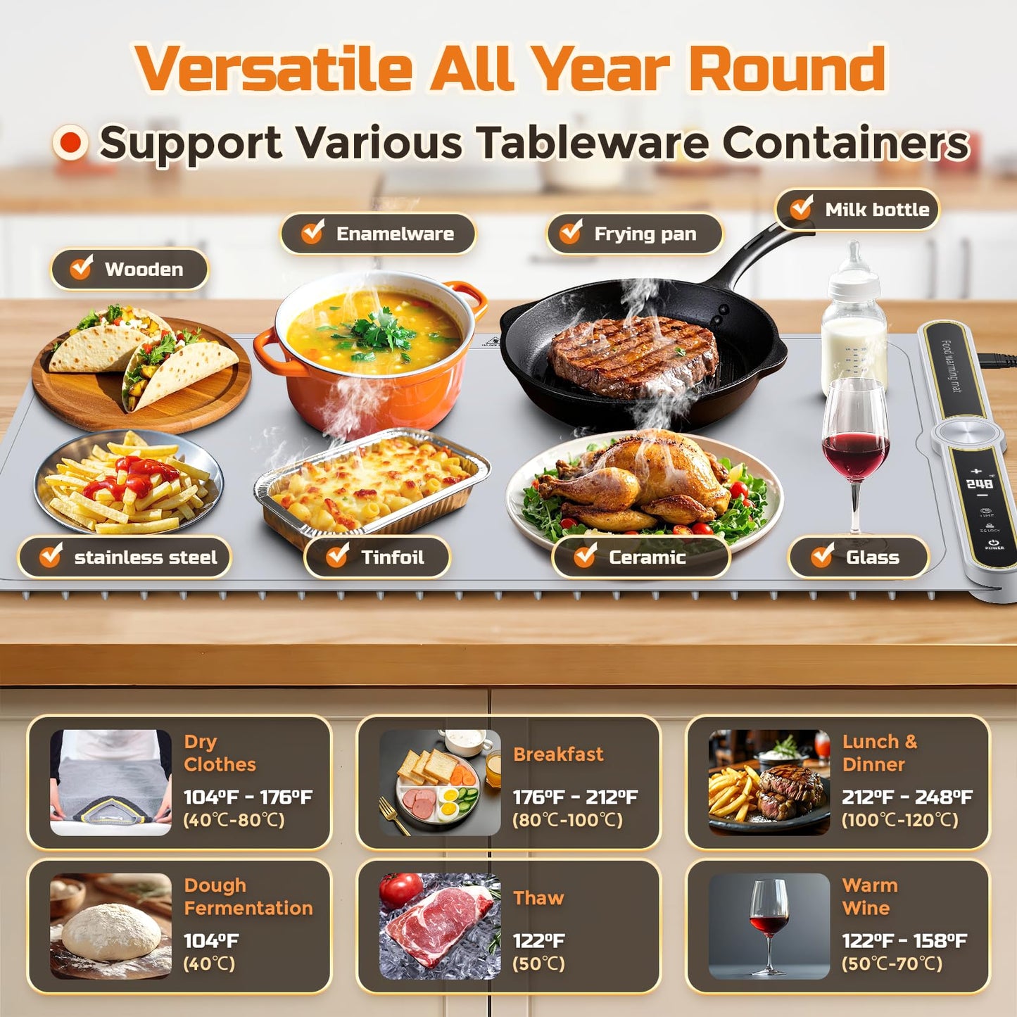 Warming Mat for Food - Extra Large 32"x15" Electric Warming Tray Warm 8 Dishes, 9-Temperature Adjustable, 1-6H Timer, Child Lock, 8s Fast Heating, Foldable Food-Grade Silicone Design