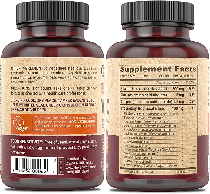DEVA Vegan Vitamin C 500mg 2-Pack with Zinc, Elderberry, Echinacea & More, 90 Tablets Ea