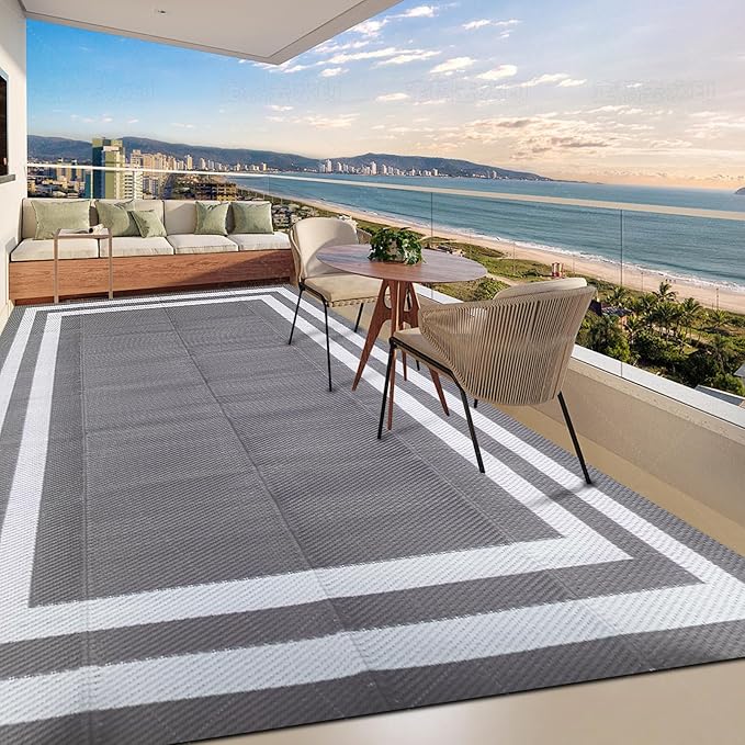 8'x 10' Outdoor Rug,Waterproof Reversible Patio Rugs,8x10 ft Plastic Straw Outdoor Carpet Foldable Plastic Camping Mat for Outside RV, Patio,Picnic,Camper,Balcony,Porch(Gray&White)