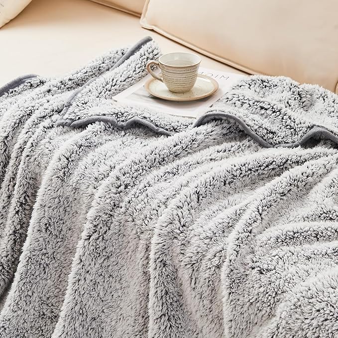 EMME Fuzzy Blanket Soft Fleece Throw Blankets for Women, Fluffy Sherpa Throws(Plush Grey,90"x90")