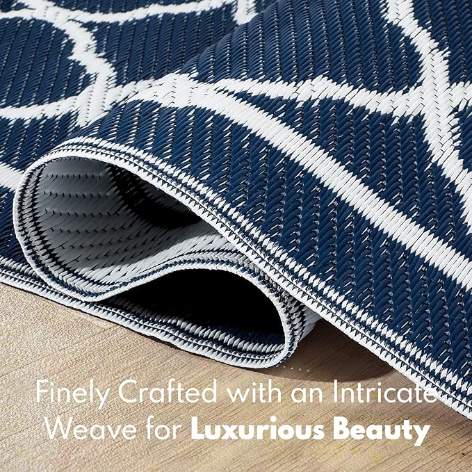 Waterproof Outdoor Rug 4x6 ft, Reversible Plastic Straw Rug, Easy to Clean Patio Rug, Portable Carpet for Patio, RV, Deck, Balcony, Backyard, Picnic, Beach, Clover, Navy Blue