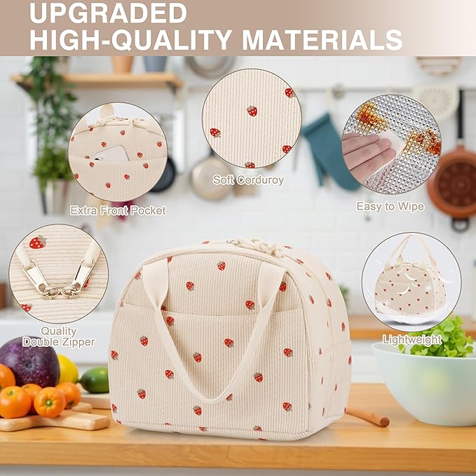 Lunch Bag - Insulated Lunch Box for Women, Reusable Large Capacity Cooler Bag for Adult, Small Leakproof Cute Corduroy Lunch Tote for Work Office Travel Picnic (Corduroy Strawberry)