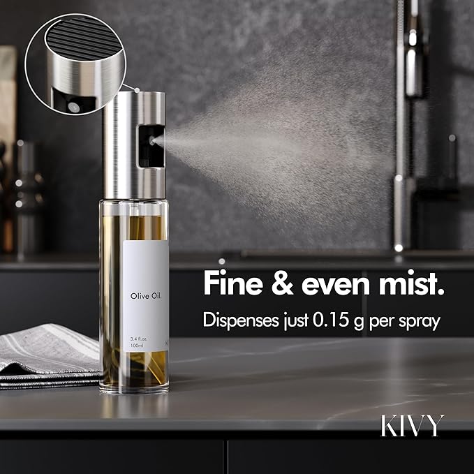 KIVY Glass Oil Sprayer for Cooking, Salads, BBQs & Airfryer [WITH LABELS] Innovative Spray with Portion Control - Oil Spray Bottle - Glass Olive Oil Sprayer - Cooking Oil Mister