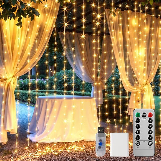 Brightown 300 LED Curtain String Lights, 9.8 FT Hanging Fairy Lights with Remote, 8 Modes, Waterproof Window Lights for Be...