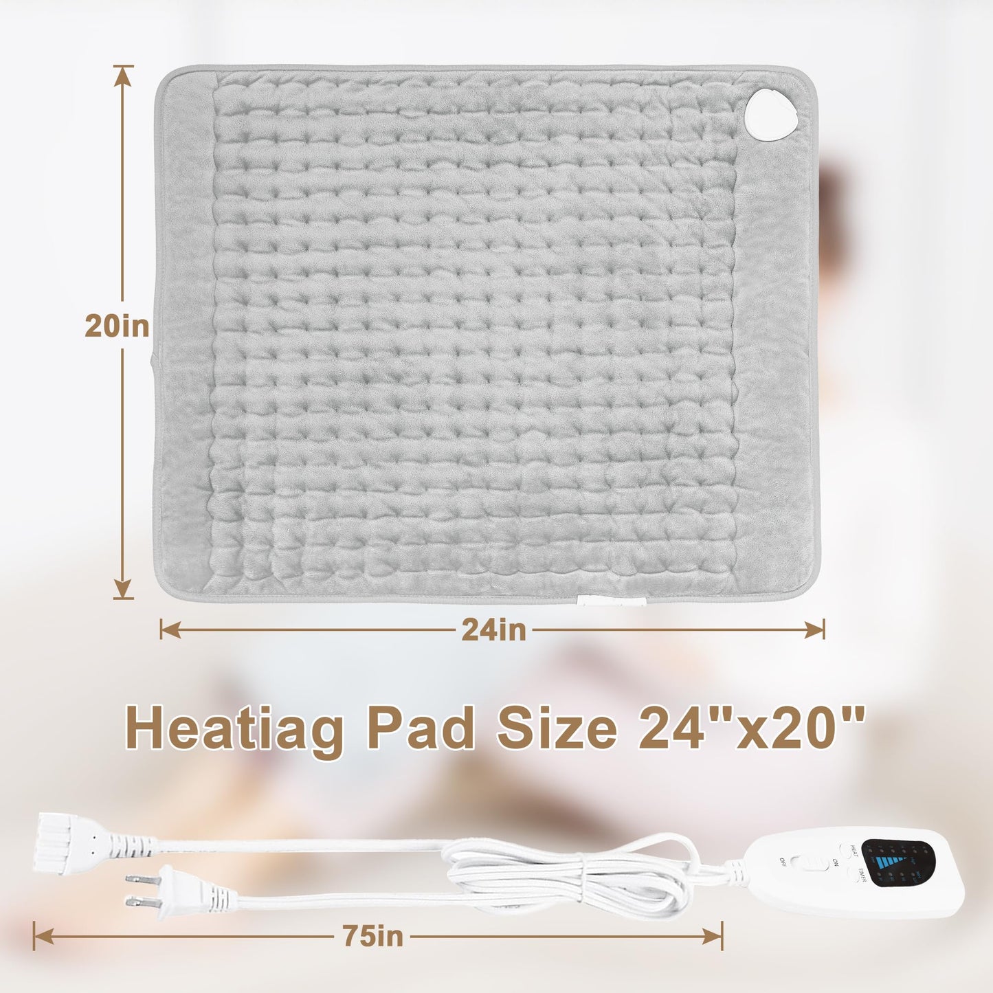 Deepsoon Heating Pad,Electric Heating Pads for Back,Neck,Abdomen,Moist Heating Pad for Shoulder,Knee,Arms,Legs,Dry/Moist Heat & Auto Shut Off,Christmas Gifts for Men and Women,Light Gray,24x20 Inch