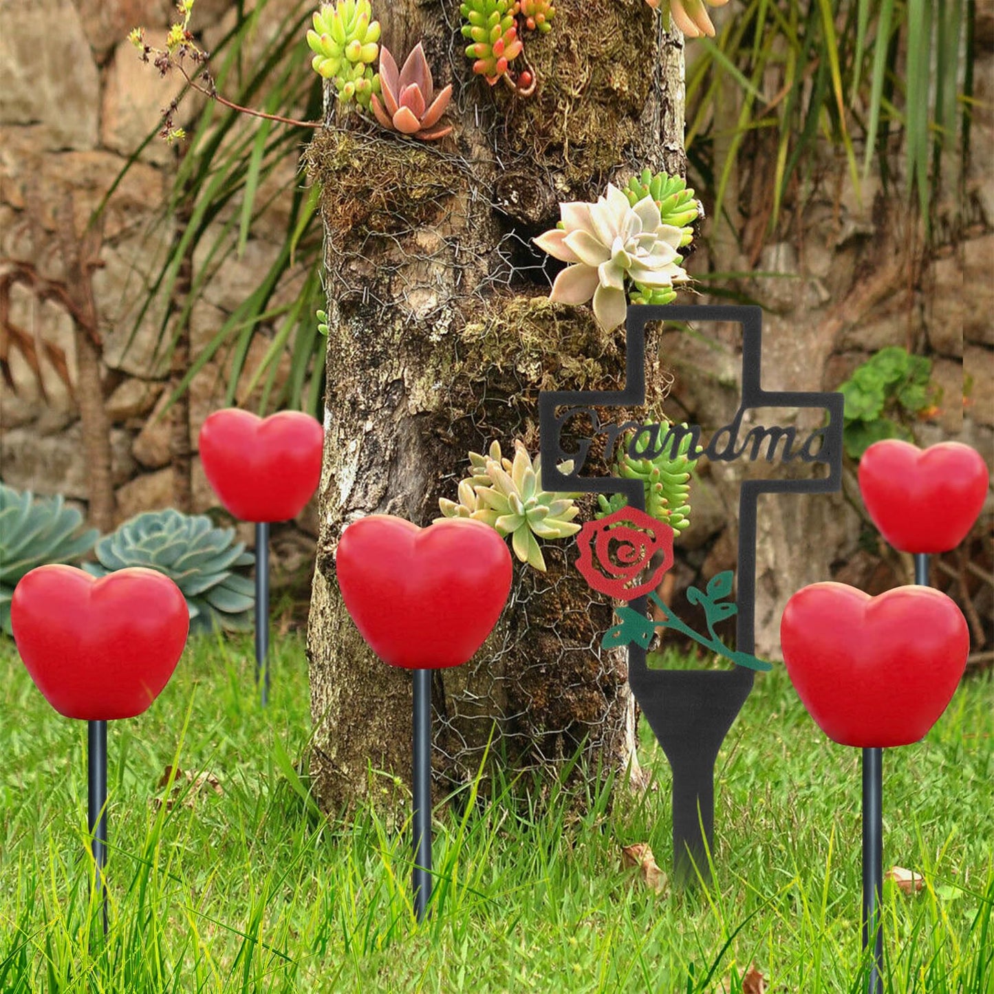 Abkshine Set of 6 Solar Red Heart Stake Lights for Valentines Day Decor, Outdoor Waterproof Heart Shaped Light for Garden Pathway Flowerbed Cemetery Grave Porch Walkway Valentine's Theme Decorations